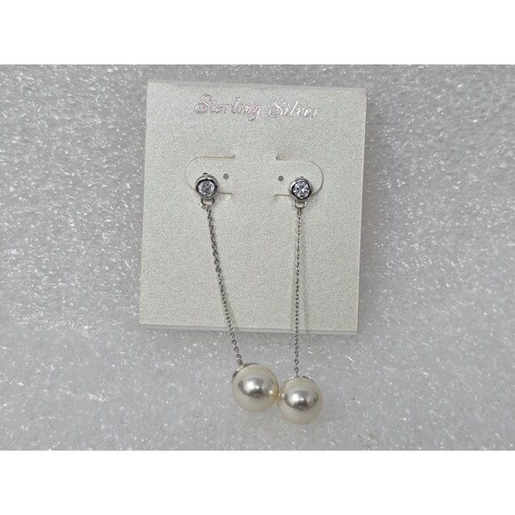 Sterling Silver Faux Pearl & Crystal Dangle Earrings - Picture 1 of 2